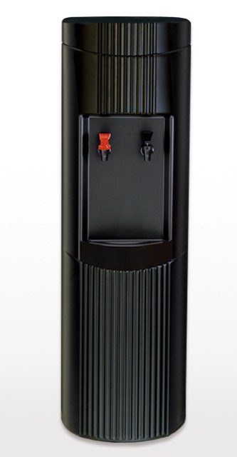 A black water dispenser with a red star on it